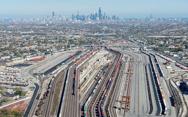 high-rise building city skyline, rail yard, train, Chicago, USA