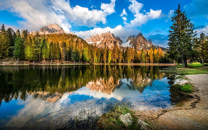 Dolomites In Italy, Rocky Mountains With Snow Pine Forest Sky With White Cloud Reflection In A Mountain Lake Desktop Wallpaper Backgrounds Free Download, HD wallpaper