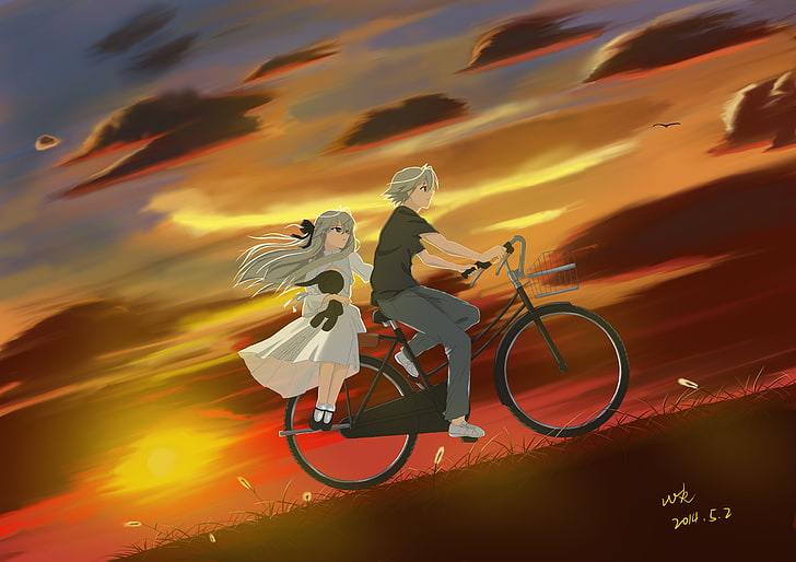 Yosuga no Sora, Kasugano Sora, Kasugano Haruka, bicycle, sunset, HD wallpaper