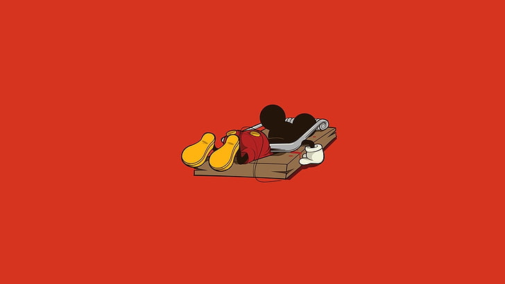 Mickey Mouse on mouse trap clip art, minimalism, red, vector