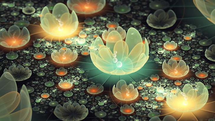 orange and green lotus flower graphic wallpaper, abstract, fractal, HD wallpaper