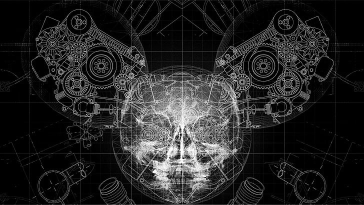 X-ray of skull and gears illustration, deadmau5, helmet, x-rays