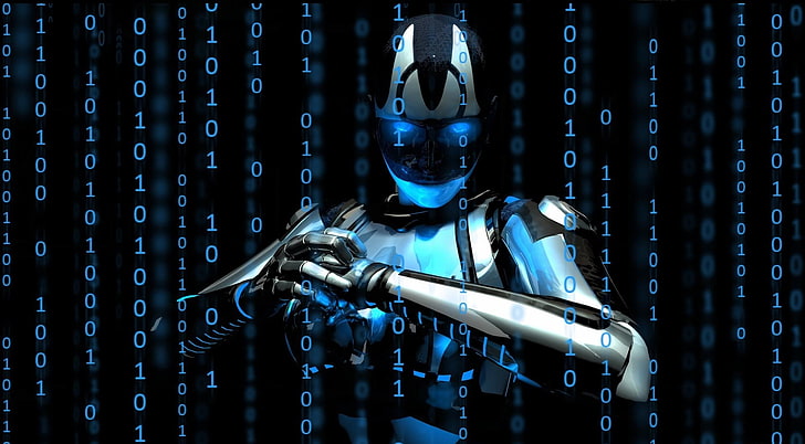 robot digital wallpaper, cyborg, figures, futuristic, technology