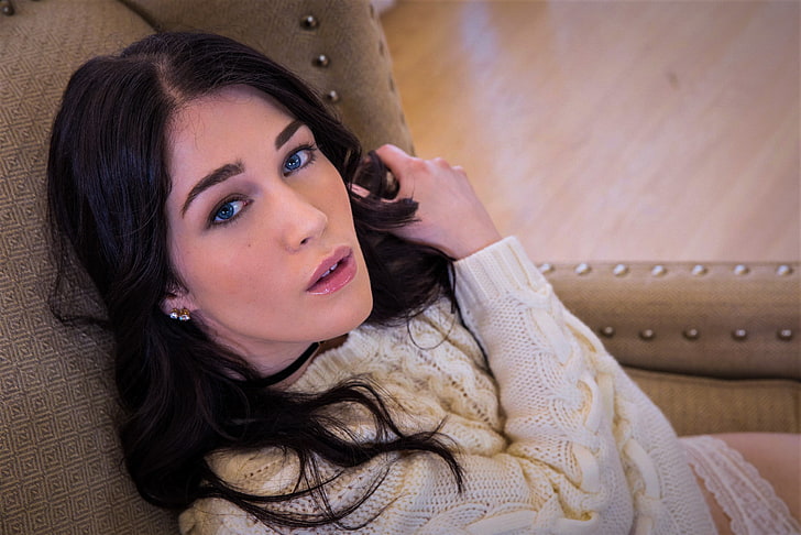 Evelyn Claire , model, women, blue eyes, sweater, white sweater, HD wallpaper