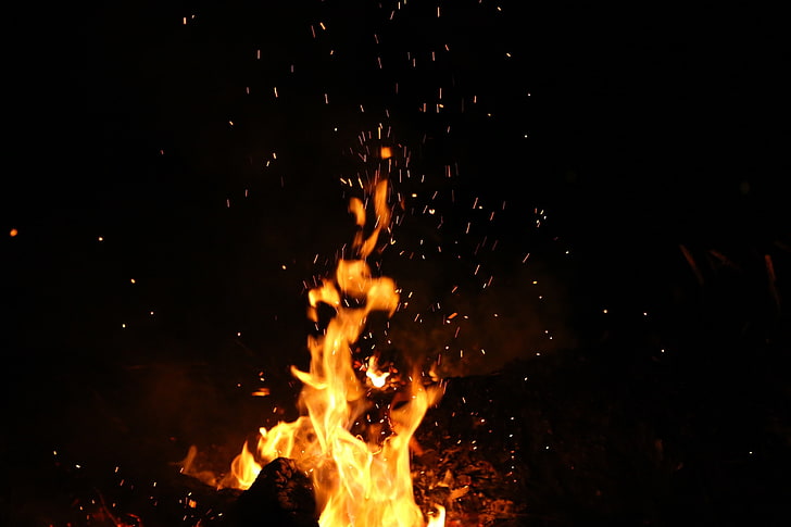 bonfire digital wallpaper, dark, burning, fireplace, flame, heat - temperature