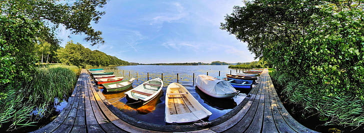 landscape, fisheye lens, boat, pier, HD wallpaper