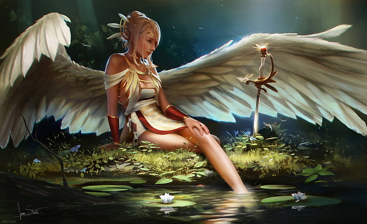 fantasy art, fantasy girl, wings, angel, water, nature, vertebrate