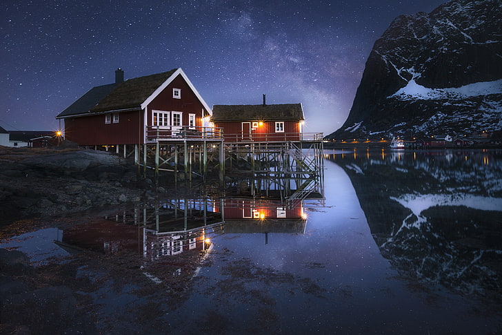 water, mountains, night, reflection, home, Norway, The milky way