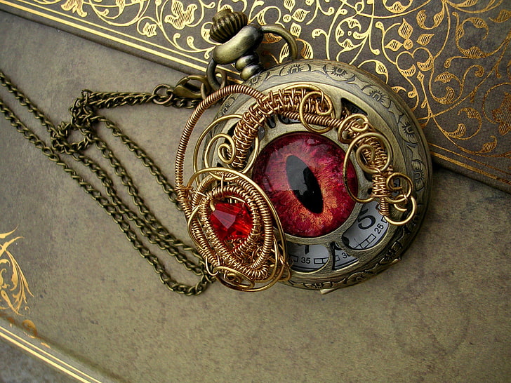 gold-colored and red eye pocket watch, metal, eyes, pattern, suspension