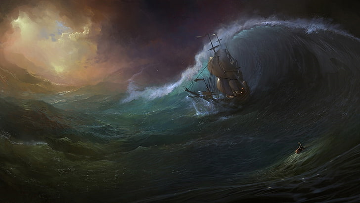 wave, water, storm, sky, fantasy art, schooner, sea, mast, masted, HD wallpaper