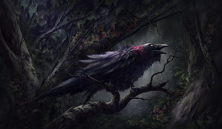 digital art, fantasy art, birds, crow, raven, tree, branch