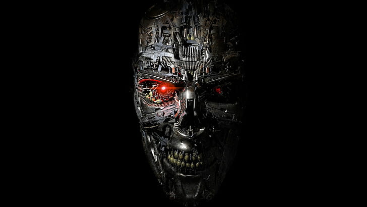 Terminator, black background, gears, red eyes, robot, machine