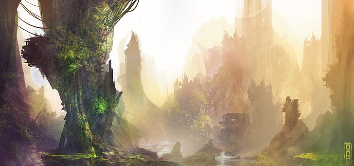 brown and green trees painting, fantasy art, landscape, sunlight
