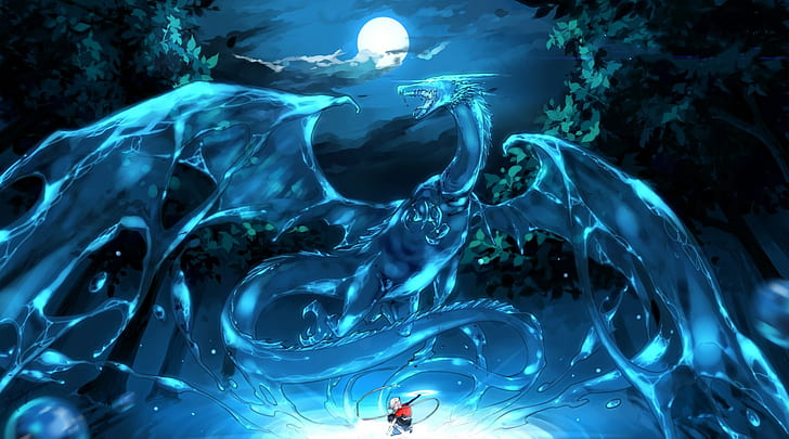 dragon, anime, fantasy art, creature, Moon