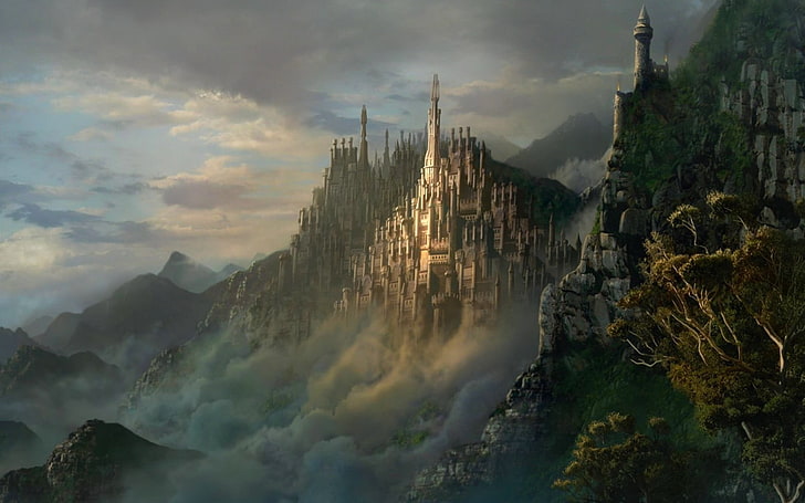 castle on mountain painting, concept art, artwork, cloud - sky