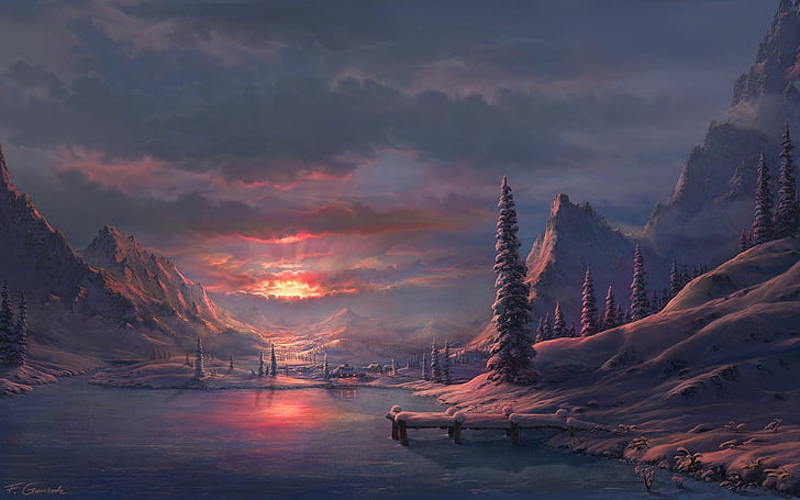 Drawing Sunset Snow Winter Trees Mountains Clouds HD, digital/artwork