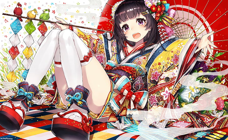 colorful, short hair, anime, flowers, birds, Japanese clothes, japanese girl, Japanese kimono, HD wallpaper