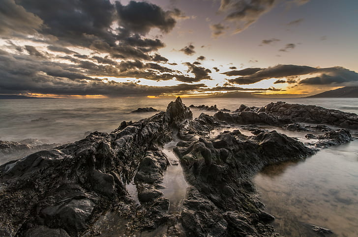 panoramic view of rocks beside the sea water, Charley Young, Beach, HD wallpaper