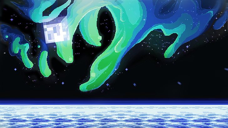 green and blue space wallpaper, Minecraft, pixel art, nebula