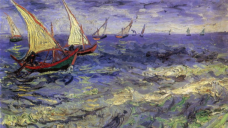 Vincent van Gogh, boat, painting, sea, artwork, classic art