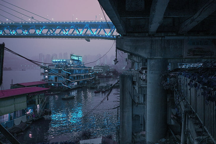 blue concrete bridge, cityscape, neon, boat, ChongQing, China