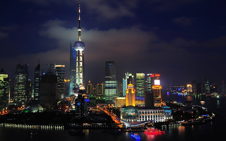 city, cityscape, Shanghai, night, building exterior, built structure