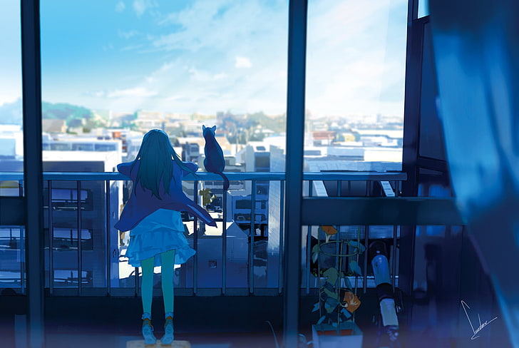 anime, city, balcony, plants, cat, sky, window, anime girls, HD wallpaper