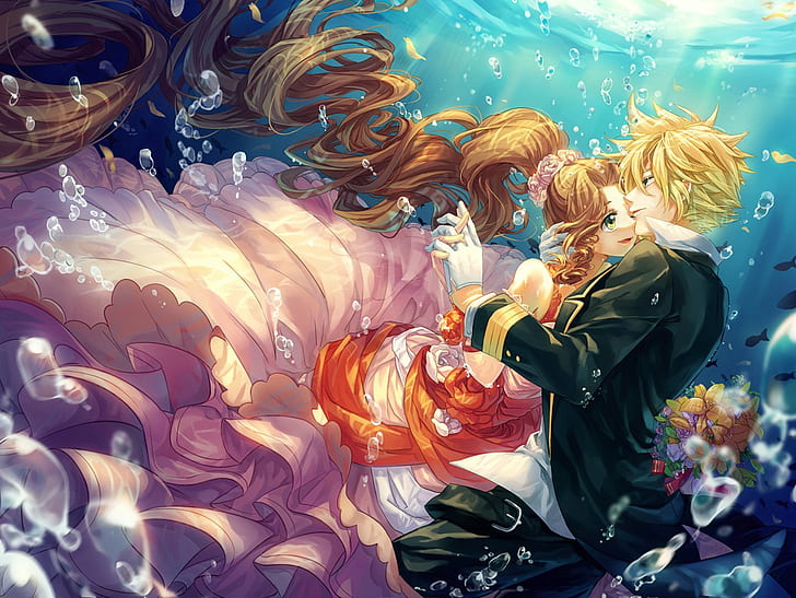 anime, beautiful, cat, cloud, couple, dress, fantasy, final, HD wallpaper