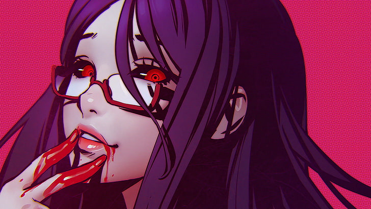 Anime, Tokyo Ghoul, Blood, Glasses, Purple Hair, Red Eyes, Rize Kamishiro