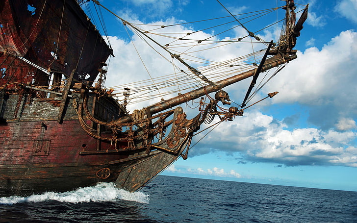 brown pirate ship, pirates, skeleton, sailing ship, sea, water, HD wallpaper