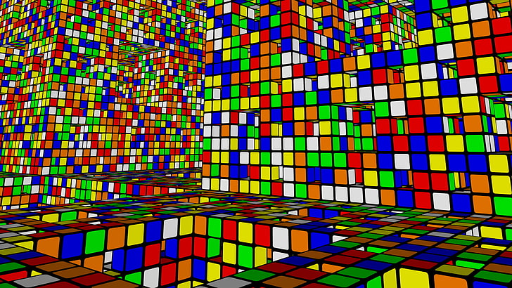 multicolored Rubik's cube illustration, digital art, tiles, square