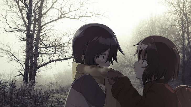 anime, city, 2D, irl, tree, bare tree, real people, child, two people