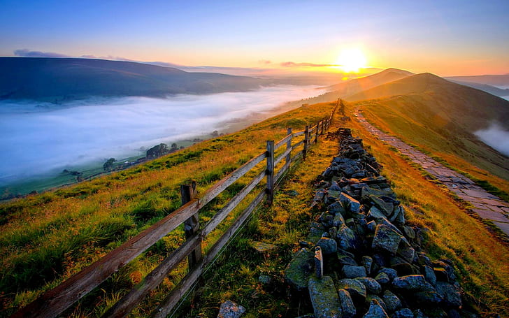 Rising Sun, landscape, mountains, fence, clouds, nature and landscapes, HD wallpaper