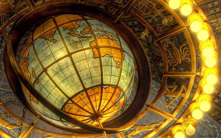 brass globe chandelier, map, sea, continents, lines, world map, HD wallpaper