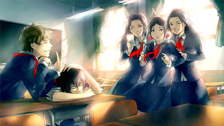 anime character illustration, school uniform, sun rays, women, HD wallpaper