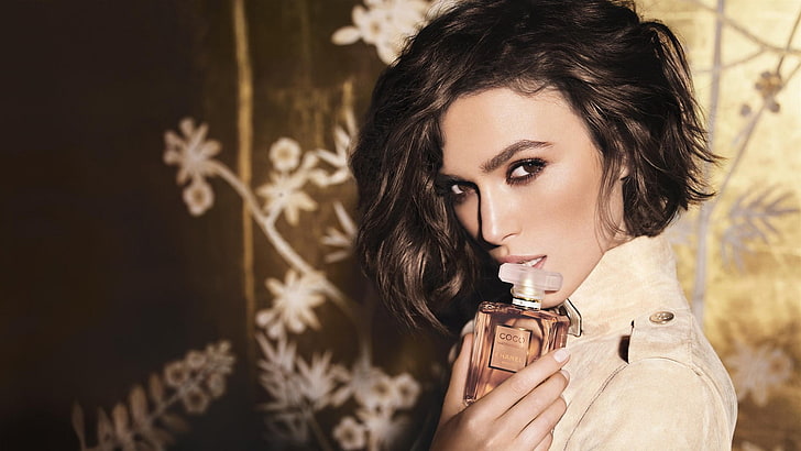 fragrance bottle, Keira Knightley, brunette, brown eyes, Chanel, HD wallpaper