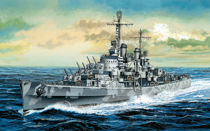 gray warship digital wallpaper, easy, art, USA, Navy, Stroy, cruiser