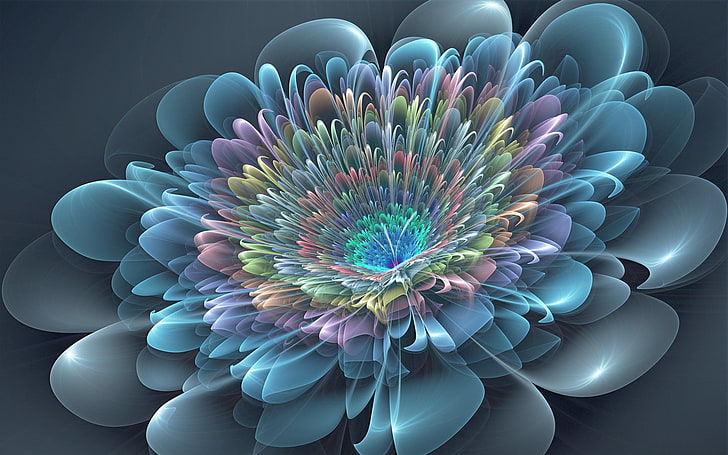 pink, green, and blue flower illustration, petals, fractal, background, HD wallpaper