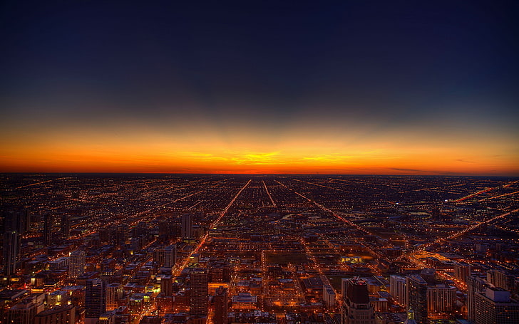 city building, cityscape, sunset, Chicago, lights, architecture