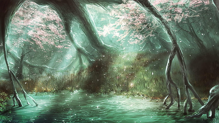 forest, spring, art, fabulous, fabled, fantasy art, painting, HD wallpaper