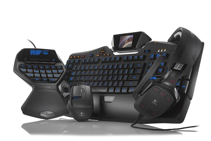black and blue keyboard and headset, game, headphones, mouse