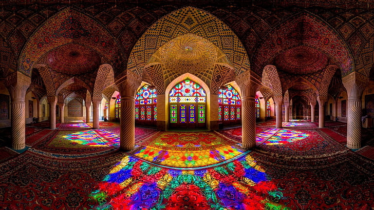multicolored floral stained glass window, mosque, architecture
