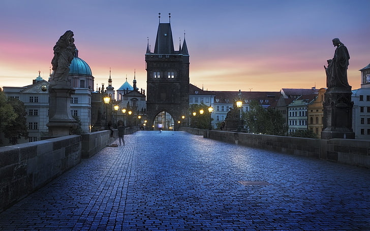 brown concrete bridge, city, Prague, lantern, tower, building, HD wallpaper