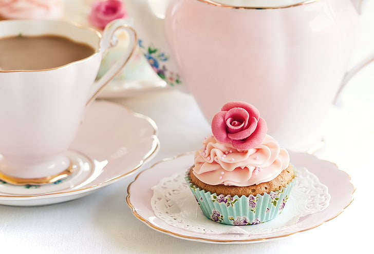 brown and pink cupcake, flower, coffee, food, dishes, cream, dessert, HD wallpaper