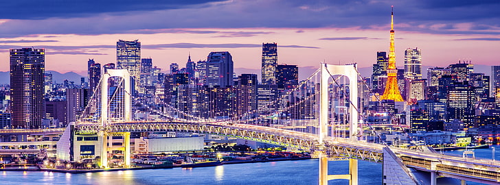 Rainbow Bridge, Tokyo, Japan, Golden Bridge, Asia, City, Travel, HD wallpaper