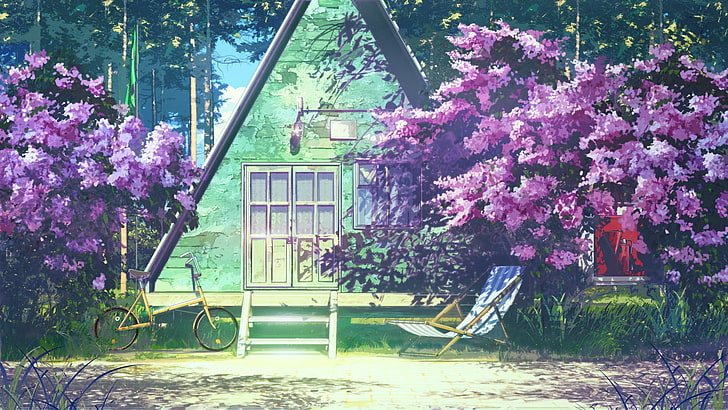 purple and white house painting, bicycle, hammocks, triangle, HD wallpaper