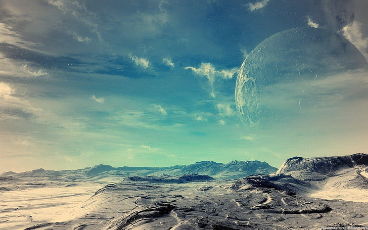 photo of mountain under blue sky, landscape, science fiction