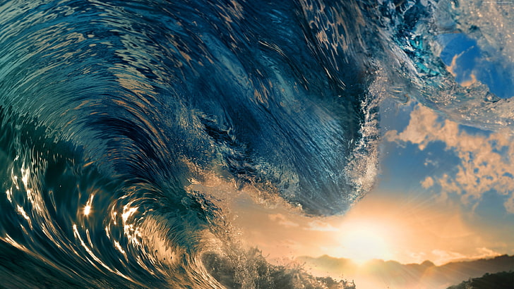 clear water, photo of sea wave, waves, nature, blue, sunset, sunlight