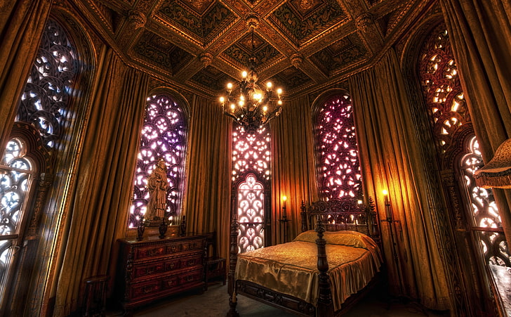 Hearst Castle Bedroom, black wooden bed, Architecture, Interior