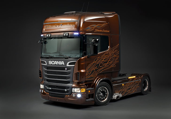 HD wallpaper: brown Scania semi truck, Tractor, Black Amber